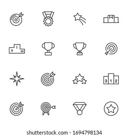 Große Auswahl an Wettkämpfen und Liniensymbole. Vektorillustration einzeln auf weißem Hintergrund. Symbole in Premium-Qualität. Schlagt Vektorsymbole für Concept- oder Web-Grafiken. Einfache Dünnzeilenzeichen. 