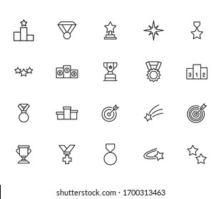 Gran conjunto de iconos de línea de competiciones. Ilustración vectorial aislada en un fondo blanco. Símbolos de calidad superior. Iconos vectoriales de trazo para conceptos o gráficos web. Sencillas señales de línea delgada. 