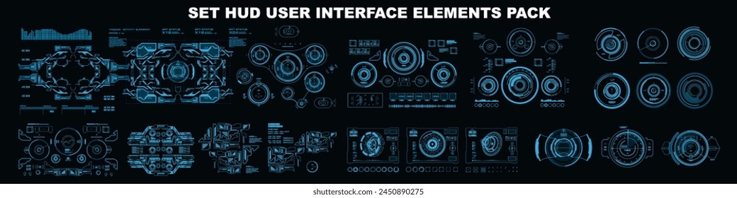 Big set complex elements HUD user interface. Gaming elements device dashboard. Goals, targets, geolocation devices, systems pointing searching objects. Futuristic HUD dashboard virtual reality screen