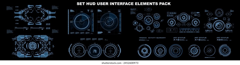 BIg set complex navigation elements. HUD user interface elements. Modern set futuristic HUD screen and dashboard elements. Goals, targets, geolocation devices, guidance and search systems