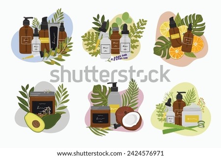 Big set of compositions with organic cosmetic products in bottles, jars for skin care with abstract shape and greenery. Cleanser, tonner, serum, oil, cream product. Hand draw vector illustration