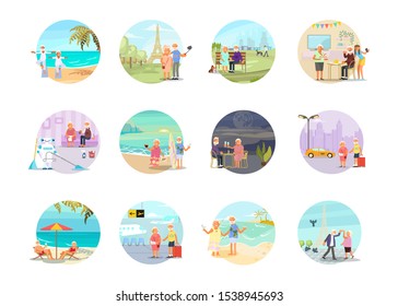 Big set of concepts healthy active lifestyle retiree for grandparents. Elderly people characters.  Grandparents family Seniors isolated on white background. Flat Art Vector illustration