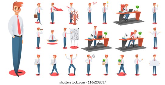 Big set of confident, attractive, young businessman character in different action and gesture. Vector illustration  