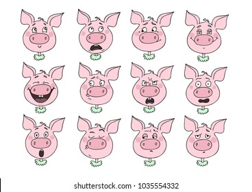 A big set consisting of 12 emotions of a funny pig Vector illustration of cartoon style