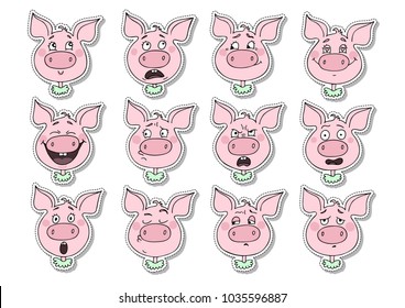 A big set consisting of 12 emotions of a funny pig. Stickers animal. Vector illustration of cartoon style