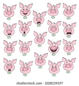 A big set consisting of 19 emotions of a funny pig Vector illustration of cartoon style