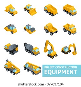 Big set of construction equipment, isometric style. Tipper truck, paver, tractor, harvester machines. Vector illustration