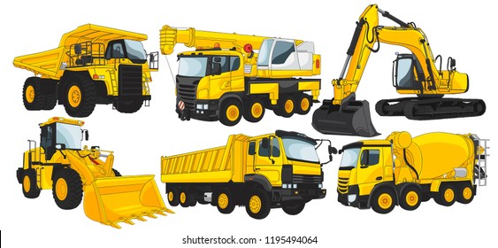 Big set of construction equipment. Special machines for the construction work. Forklifts, cranes, excavators, tractors, bulldozers, trucks. Commercial Vehicles.