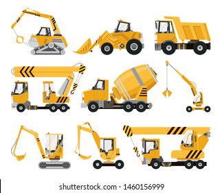 Big set of construction equipment. Special machines for the construction work. Forklifts, cranes, excavators, tractors, bulldozers, trucks. Special equipment. Road repair. Commercial Vehicles.