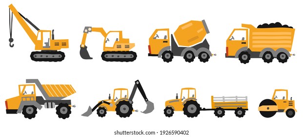 Big set of construction equipment. Special machines for the construction work. excavators, tractors, bulldozers, trucks. Special equipment. Road repair. Commercial Vehicles.