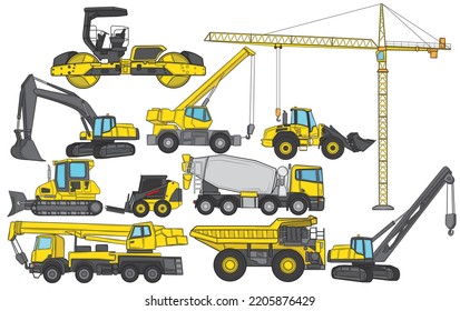 Big set of construction equipment. Special machines for construction work. Loaders, cranes, excavators, bulldozers, trucks. Special equipment. Road repair. Construction. Commercial vehicles.