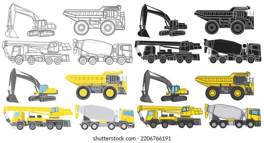 Big set of construction equipment. Special machines for construction work. Loaders, cranes, excavators, bulldozers, trucks. Special equipment. Road repair. Construction. Commercial vehicles.