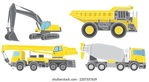 Big set of construction equipment. Special machines for construction work. Loaders, cranes, excavators, bulldozers, trucks. Special equipment. Road repair. Construction. Commercial vehicles.