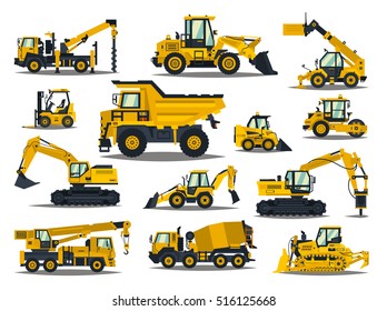 Big set of construction equipment. Special machines for the construction work. Forklifts, cranes, excavators, tractors, bulldozers, trucks. Special equipment. Road repair. Commercial Vehicles.