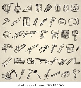 Big set of construction icons. Hand drawn elements.