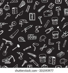 Big set of construction icons. Hand drawn elements. Seamless pattern.