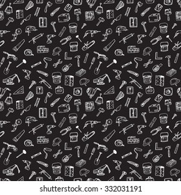 Big set of construction icons. Hand drawn elements. Seamless pattern.