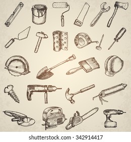 Big set of construction icons. Hand drawn elements.