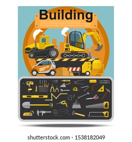 Big set construction machinery and building tools. Everything for construction. Building banner. Creative template on flat design