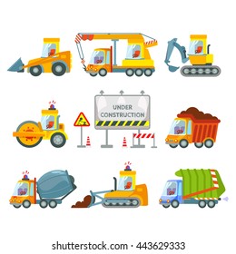 Big set of construction machinery and equipment icons. Bulldozer,crane,truck,concrete mixer,garbage truck,excavator,extractor,road signs .Under construction set.Vector illustration isolated on white