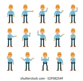 Big set of construction man characters showing different hand gestures. Cheerful worker showing thumb up gesture, pointing, greeting, waving and other hand gestures. Flat vector illustration