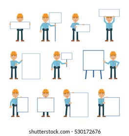 Big set of construction man characters posing with different blank banners. Cheerful worker holding paper, poster, placard, pointing to whiteboard. Teach, advertise, promote. Flat vector illustration
