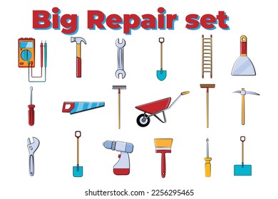 Big set of construction tool icons for home repair and garden tools: hammer, screwdriver, shovel, rake, saw, brush, wrench, cart. Editable vector illustration