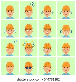 Big set of construction worker emoticons. Worker avatars showing different facial expressions. Happy, sad, smile, laugh, surprised, serious, dizzy and other emotions. Simple style vector illustration