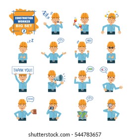 Big set of construction worker emoticons showing different actions, emotions, gestures. Cheerful worker singing, holding loudspeaker, banner, map and doing other actions. Simple vector illustration
