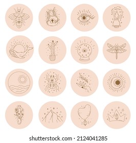 Big set of contemporary vector highlight covers. Abstract boho backgrounds.Mid century mystic doodle esoteric elements. Hand drawn templates. Round icons for social media stories.