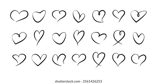 Big set of continuous line black hearts, symbolizing love and romance, isolated on a white background. Vector illustration