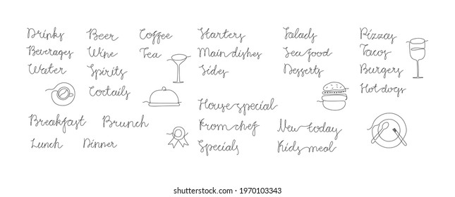 Big set of continuous line drawing text for menu for restaurants, bars and cafes. With small illustrations - glass, cup, plate, burger. Minimalist vector lettering isolated on white background.