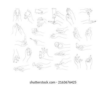 big set of contour female hands with various cosmetics, gentle hands line art isolated on white background, set for creating beauty advertising and print.