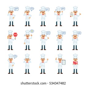 Big set of cook characters showing different actions. Cheerful cook talking on the phone, holding stop sign, document, clipboard, reading a book and doing other actions. Flat vector illustration