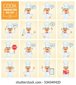 Big set of cook characters showing different actions. Cheerful cook talking on the phone, holding stop sign, document, clipboard, reading a book and doing other actions. Flat vector illustration