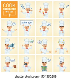 Big set of cook characters showing different actions. Cheerful cook karaoke singing, dancing, sleeping, holding banner, loudspeaker, photo camera, map and doing other actions. Flat vector illustration