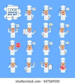 Big set of cook emoticons showing different actions, gestures, emotions. Cheerful cook talking on phone, holding document, stop sign, reading a book and doing other actions. Simple vector illustration