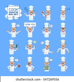 Big set of cook emoticons showing different actions, gestures, emotions. Cheerful cook singing, dancing, holding banner, loudspeaker, beer, map and doing other actions. Simple vector illustration