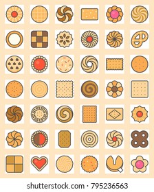 Big set of cookies, biscuit and cracker outline filled color icon size 128 px pixel perfect