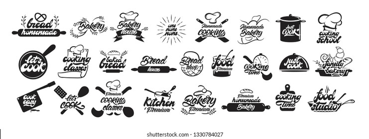 Big set of cooking and bakery logos in lettering style. Bread emblems. Cook, chef, kitchen utensils icon or logo. Handwritten lettering vector illustration - Vector