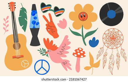 Big set of cool 70s retro elements, cute funky hippie stickers. Cartoon chamomile flowers, guitar, peace sign, dove, glasses, lavender lamp, gesture, music record, dream catcher, fly agaric.