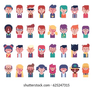 Big set of cool flat avatar icons isolated on white. Male and female characters different ages and nationalities. Vector illustration in cartoon style. 