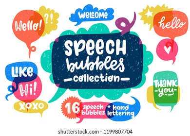 Big set of cool hand drawn speech bubbles and hand lettering essential words - Hello, Hi, Welcome, etc. Vector cartoon comic bubbles.