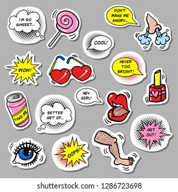 Big set of cool hand drawn pop art style stickers and pins. Isolated colorful illustrations. Lips, soda can, eye, man's leg, red nail polish bottle, lollipop, glasses and speech bubbles. EPS8 vector.