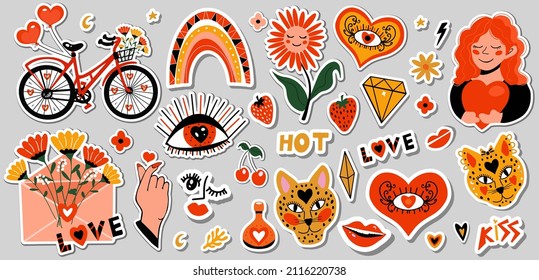 Big set of cool stickers love cartoon style, funny Comic character. Hot love flirting concept. Valentine s Day. Hand drawn. Trendy modern design. Sticker collection. Vector clip-art