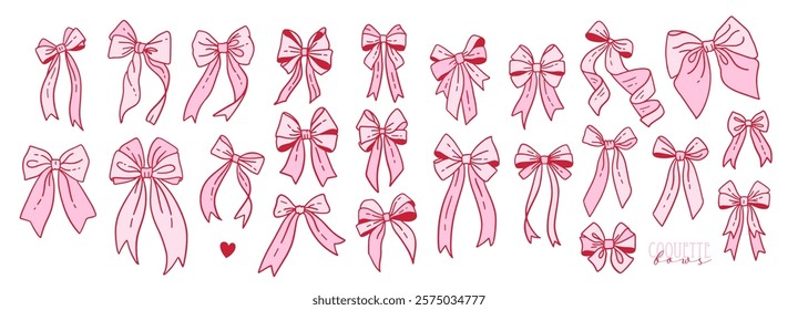 Big set with Coquette pink Gingham bows in vintage feminine Aesthetics. Vector contour hand drawn illustration. Valentine's day romantic elements.