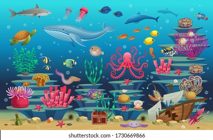 Big set of coral reef with algae tropical fish, a whale, an octopus, a turtle, jellyfish, a shark, an angler fish, a seahorse, a squid and corals. Vector illustration in cartoon style.