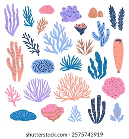 Big set of coral and seaweed isolated design elements. Hand-drawn cute cartoon vector illustration.