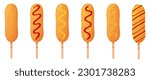 Big set of Corn dogs. Sausage in dough on a stick with and without condiments. American or Korean street food. Detailed flat illustration. Fastfood concept. Isolated on a white background.