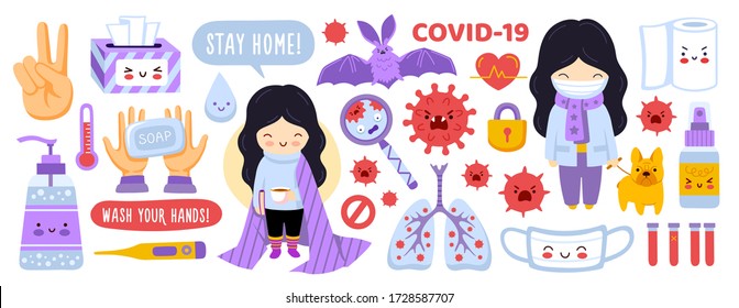 Big Set Of Coronavirus Prevention Elements. Covid-19 Stickers Collection For Children, Kids. Girl With Dog, Sanitizer, Masks, Soap, Lockdown. Cartoon Characters. Flat Vector Illustration.